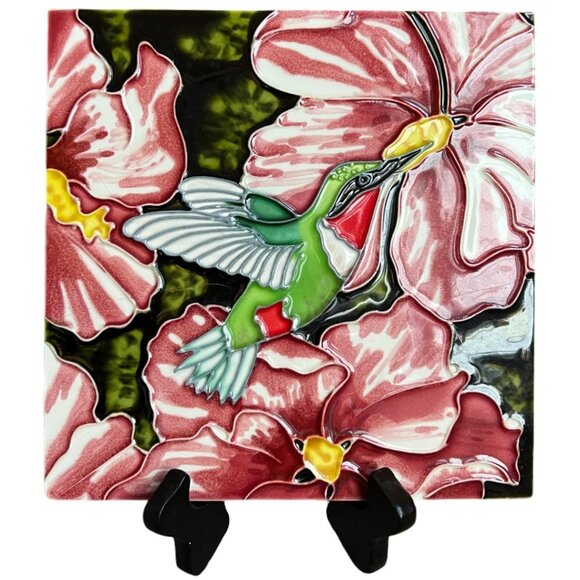 EN VOGUE Hand-Crafted 3D Hummingbird Art Tile Freestanding Hanging 8" Sq READ - Picture 3 of 15